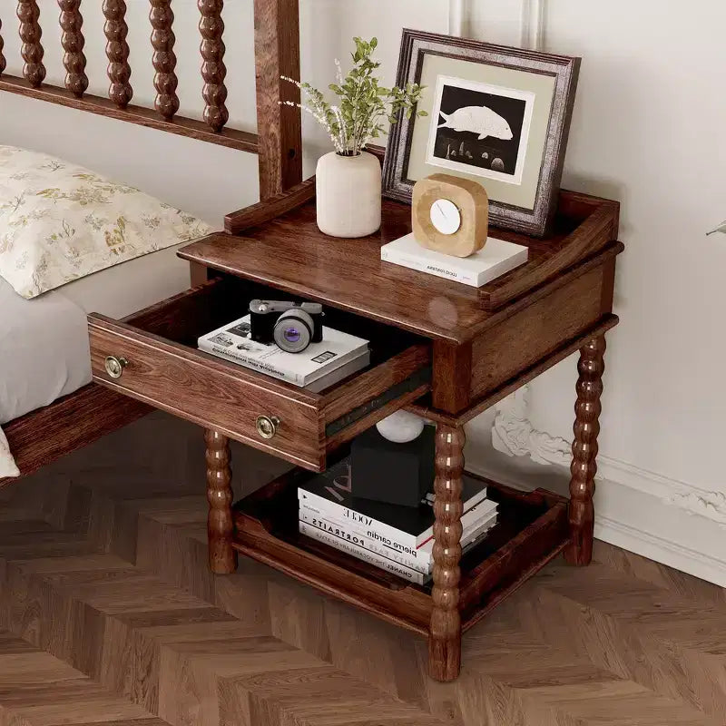 Whisen Retro Style Nightstand with Drawer and Open Shelf, Turned Legs and Metal Handle