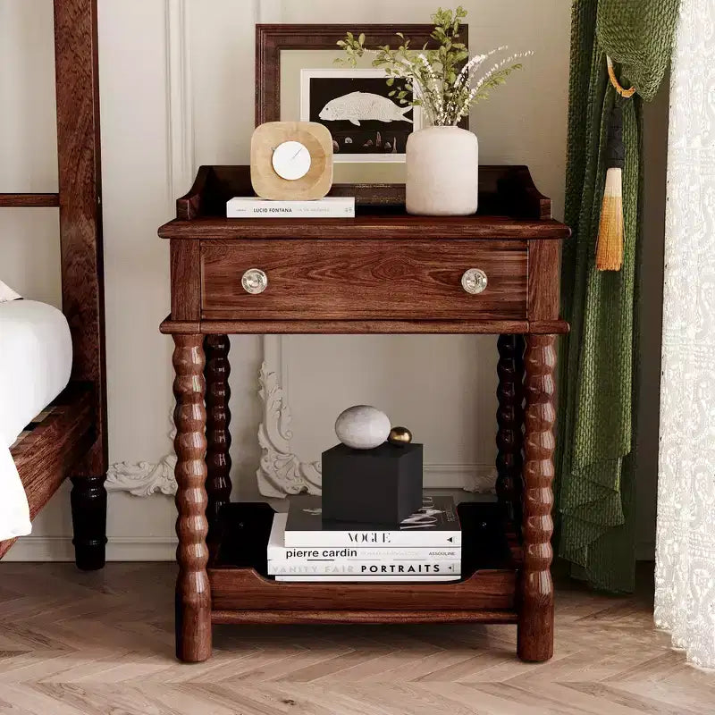 Whisen Retro Style Nightstand with Drawer and Open Shelf, Turned Legs and Metal Handle