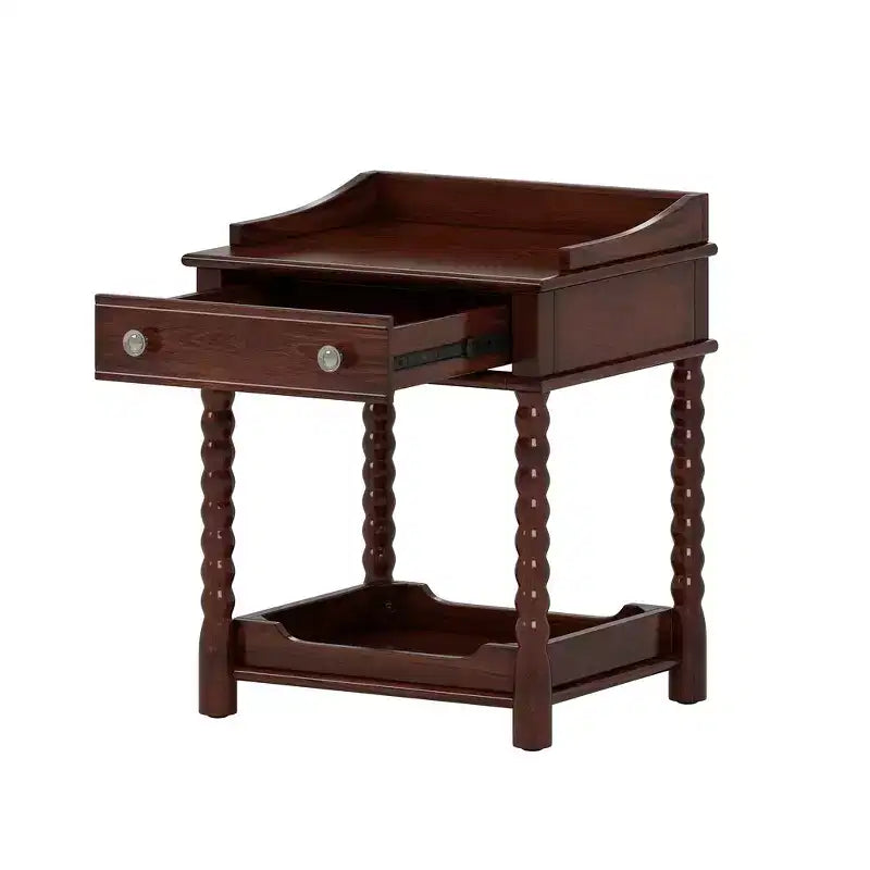 Whisen Retro Style Nightstand with Drawer and Open Shelf, Turned Legs and Metal Handle