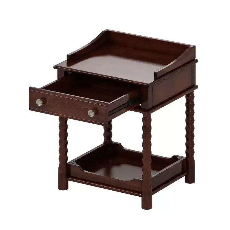 Whisen Retro Style Nightstand with Drawer and Open Shelf, Turned Legs and Metal Handle