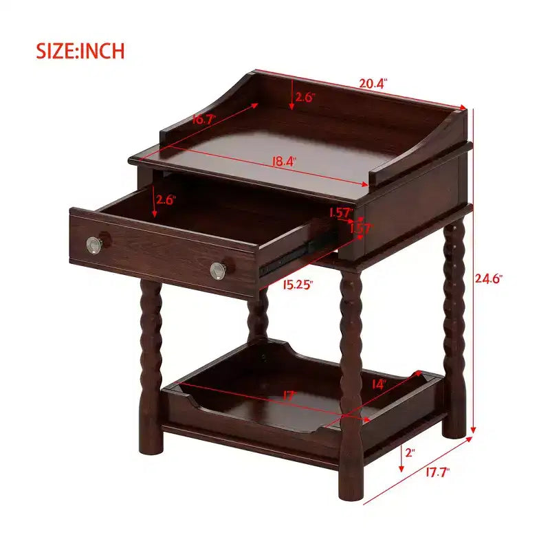 Whisen Retro Style Nightstand with Drawer and Open Shelf, Turned Legs and Metal Handle