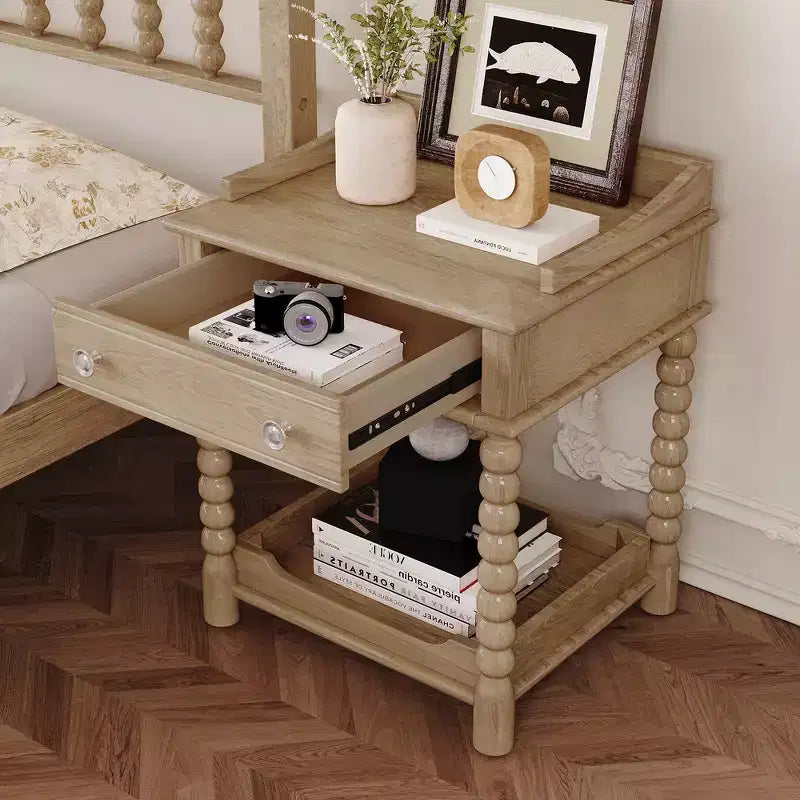 Whisen Retro Style Nightstand with Drawer and Open Shelf, Turned Legs and Metal Handle