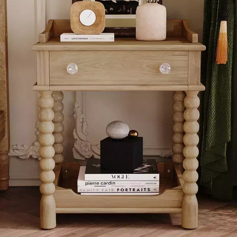 Whisen Retro Style Nightstand with Drawer and Open Shelf, Turned Legs and Metal Handle