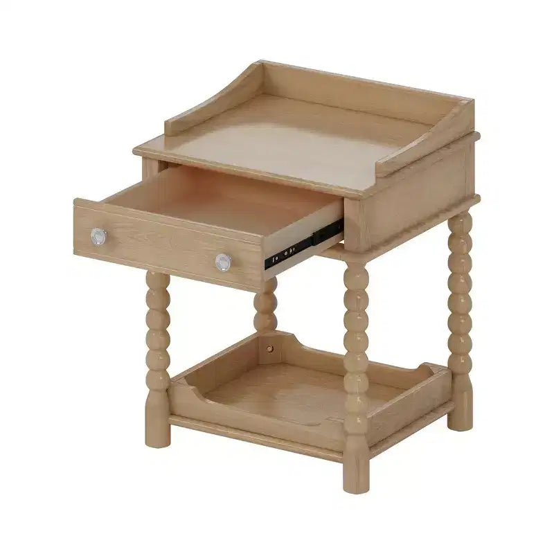 Whisen Retro Style Nightstand with Drawer and Open Shelf, Turned Legs and Metal Handle