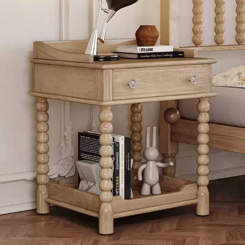 Whisen Retro Style Nightstand with Drawer and Open Shelf, Turned Legs and Metal Handle