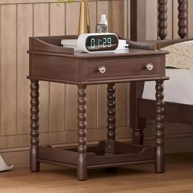 Whisen Retro Style Nightstand with Drawer and Open Shelf, Turned Legs and Metal Handle