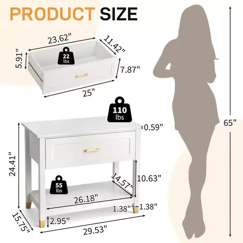 Karl Home Cream P2 MDF Nightstand 1 Drawer 1 Shelf 29.5 Inch