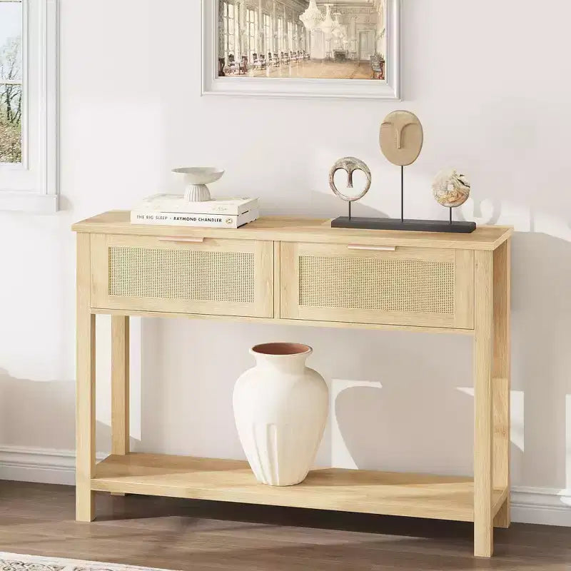 Acekool Rattan 2-Tier Narrow Storage Table with 2 Drawers & Open Shelf, Slim Wooden Sofa Table for Entryway, Living Room, Hallway