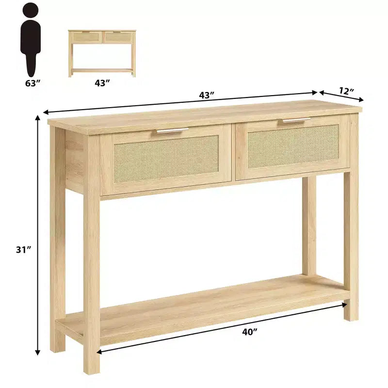 Acekool Rattan 2-Tier Narrow Storage Table with 2 Drawers & Open Shelf, Slim Wooden Sofa Table for Entryway, Living Room, Hallway