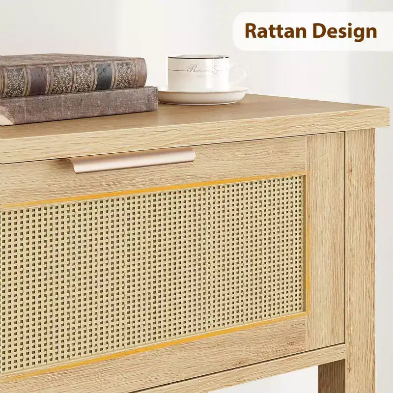 Acekool Rattan 2-Tier Narrow Storage Table with 2 Drawers & Open Shelf, Slim Wooden Sofa Table for Entryway, Living Room, Hallway
