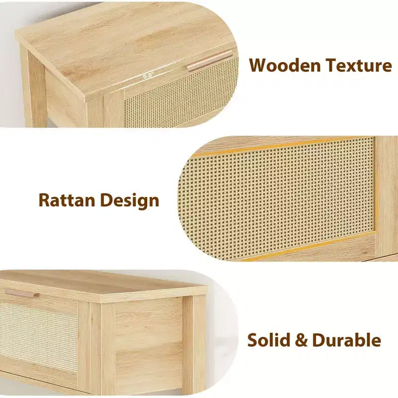 Acekool Rattan 2-Tier Narrow Storage Table with 2 Drawers & Open Shelf, Slim Wooden Sofa Table for Entryway, Living Room, Hallway