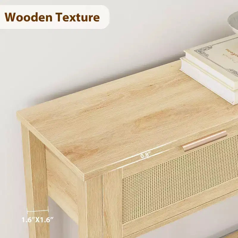 Acekool Rattan 2-Tier Narrow Storage Table with 2 Drawers & Open Shelf, Slim Wooden Sofa Table for Entryway, Living Room, Hallway