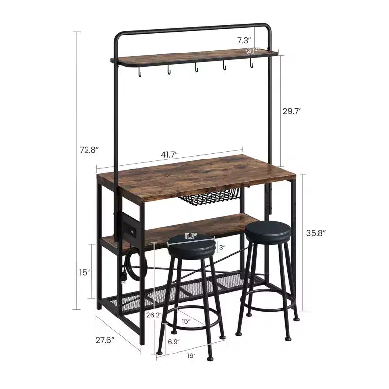 Kitchen Island with Power Outlet and 2 Stools, Industrial Baker's Rack Coffee Bar Table with Storage Shelves