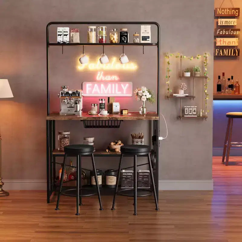 Kitchen Island with Power Outlet and 2 Stools, Industrial Baker's Rack Coffee Bar Table with Storage Shelves
