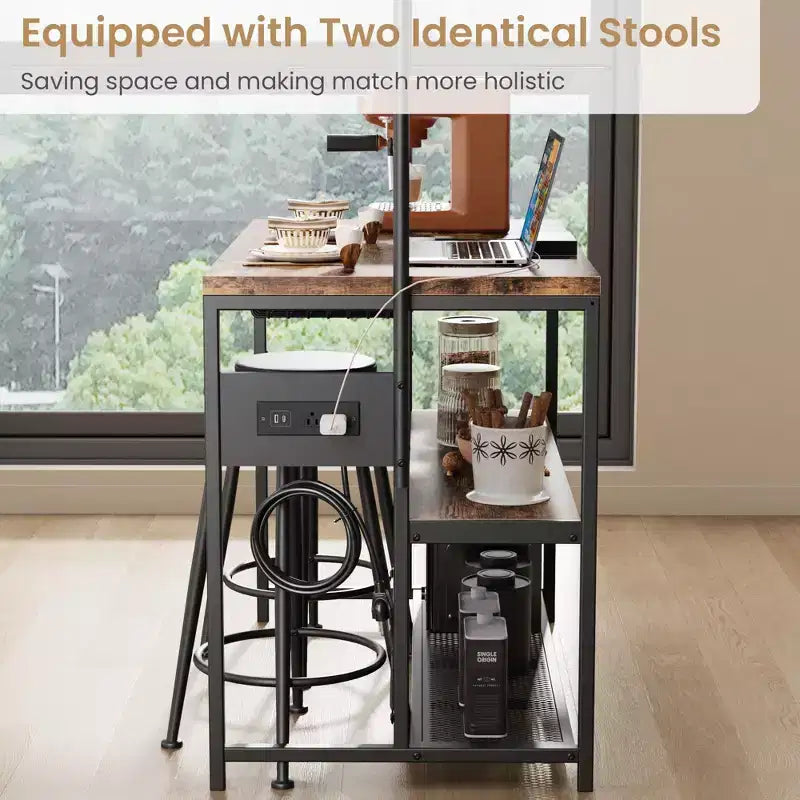 Kitchen Island with Power Outlet and 2 Stools, Industrial Baker's Rack Coffee Bar Table with Storage Shelves