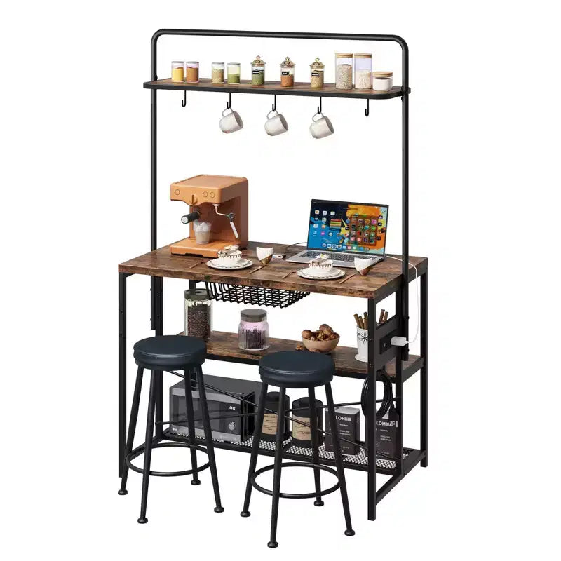 Kitchen Island with Power Outlet and 2 Stools, Industrial Baker's Rack Coffee Bar Table with Storage Shelves