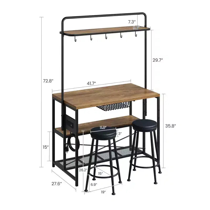 Kitchen Island with Power Outlet and 2 Stools, Industrial Baker's Rack Coffee Bar Table with Storage Shelves