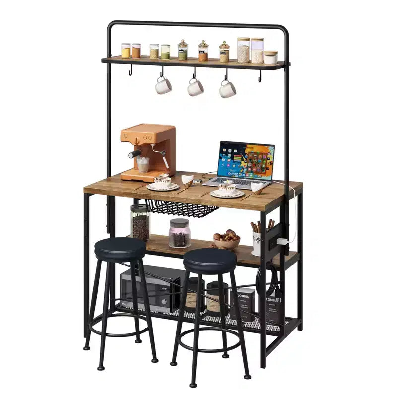 Kitchen Island with Power Outlet and 2 Stools, Industrial Baker's Rack Coffee Bar Table with Storage Shelves