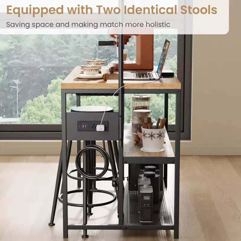 Kitchen Island with Power Outlet and 2 Stools, Industrial Baker's Rack Coffee Bar Table with Storage Shelves