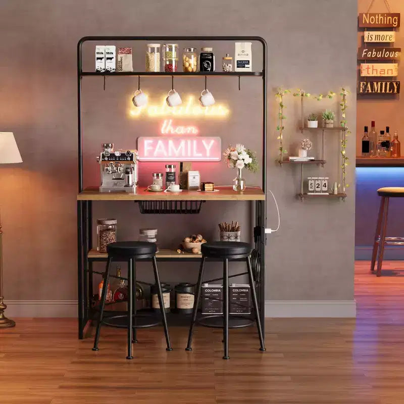 Kitchen Island with Power Outlet and 2 Stools, Industrial Baker's Rack Coffee Bar Table with Storage Shelves