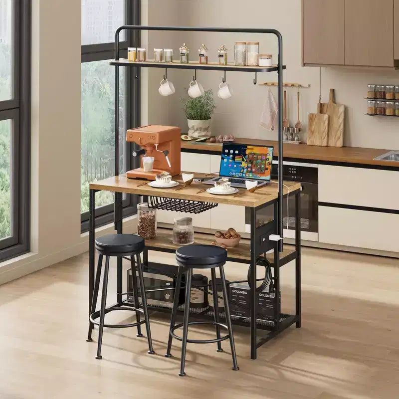 Kitchen Island with Power Outlet and 2 Stools, Industrial Baker's Rack Coffee Bar Table with Storage Shelves