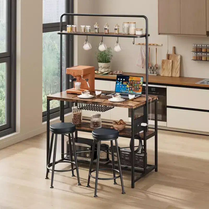 Kitchen Island with Power Outlet and 2 Stools, Industrial Baker's Rack Coffee Bar Table with Storage Shelves