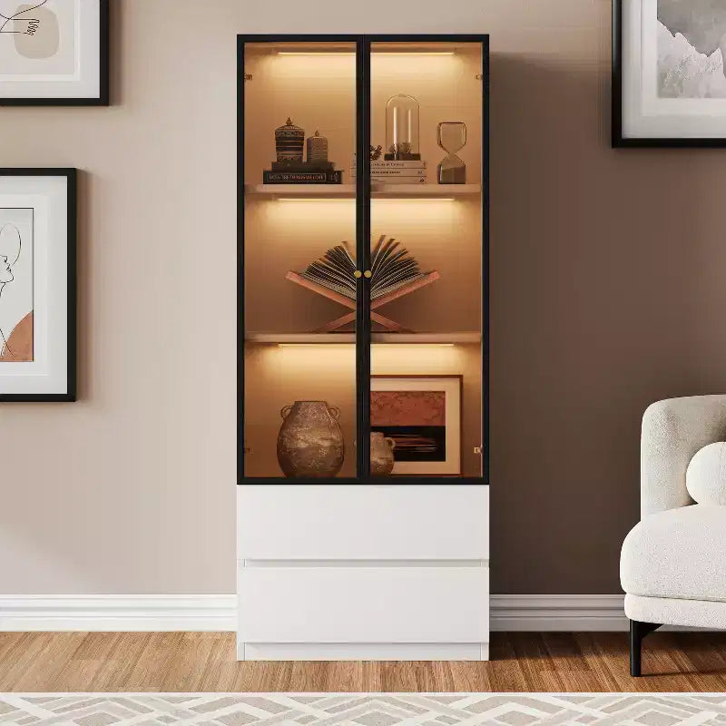 ATJafurn Modern 62.9'' Tall China Cabinet, Wooden 3-Tier Curio Display Storage Hutch With Glass Doors And Drawers For Kitchen Living Room Study