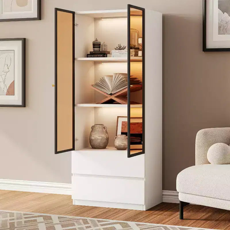 ATJafurn Modern 62.9'' Tall China Cabinet, Wooden 3-Tier Curio Display Storage Hutch With Glass Doors And Drawers For Kitchen Living Room Study