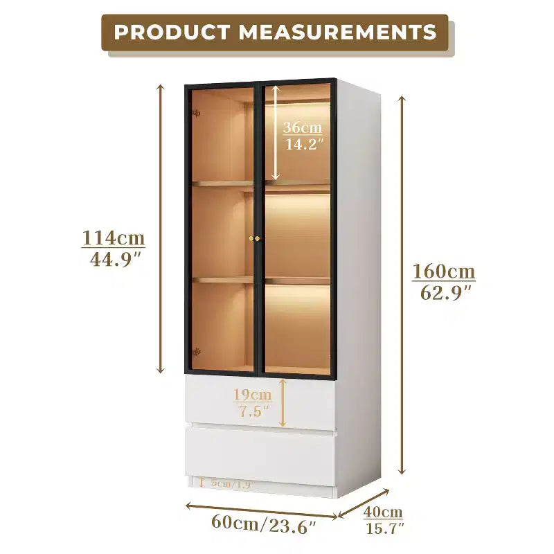 ATJafurn Modern 62.9'' Tall China Cabinet, Wooden 3-Tier Curio Display Storage Hutch With Glass Doors And Drawers For Kitchen Living Room Study