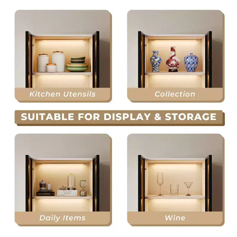 ATJafurn Modern 62.9'' Tall China Cabinet, Wooden 3-Tier Curio Display Storage Hutch With Glass Doors And Drawers For Kitchen Living Room Study