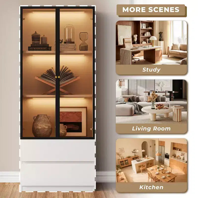 ATJafurn Modern 62.9'' Tall China Cabinet, Wooden 3-Tier Curio Display Storage Hutch With Glass Doors And Drawers For Kitchen Living Room Study