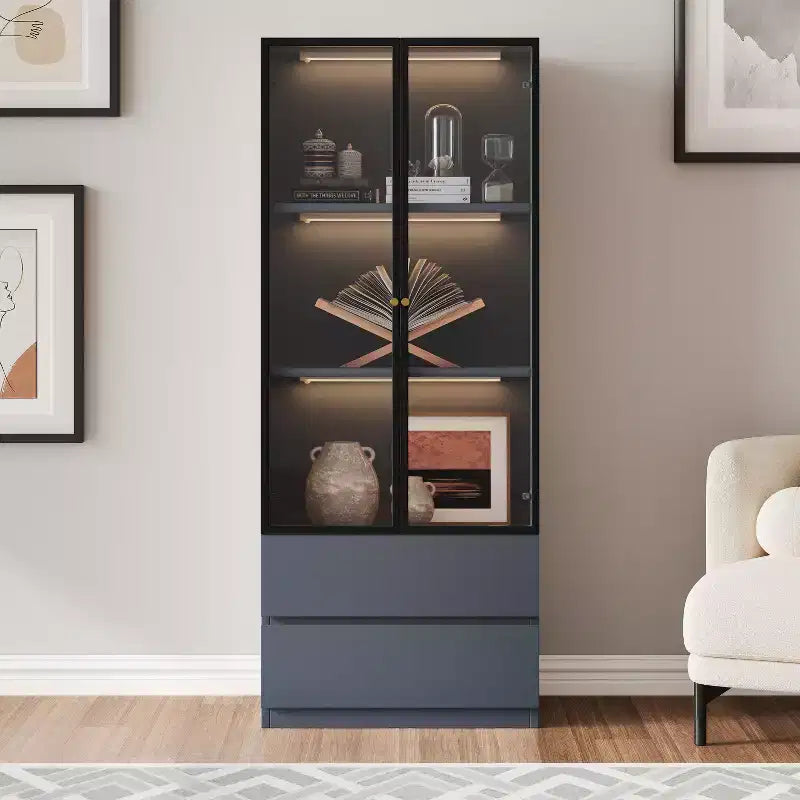 ATJafurn Modern 62.9'' Tall China Cabinet, Wooden 3-Tier Curio Display Storage Hutch With Glass Doors And Drawers For Kitchen Living Room Study