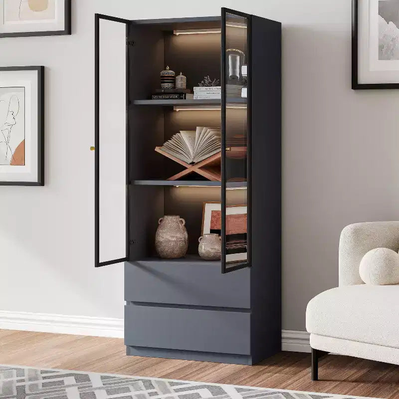 ATJafurn Modern 62.9'' Tall China Cabinet, Wooden 3-Tier Curio Display Storage Hutch With Glass Doors And Drawers For Kitchen Living Room Study