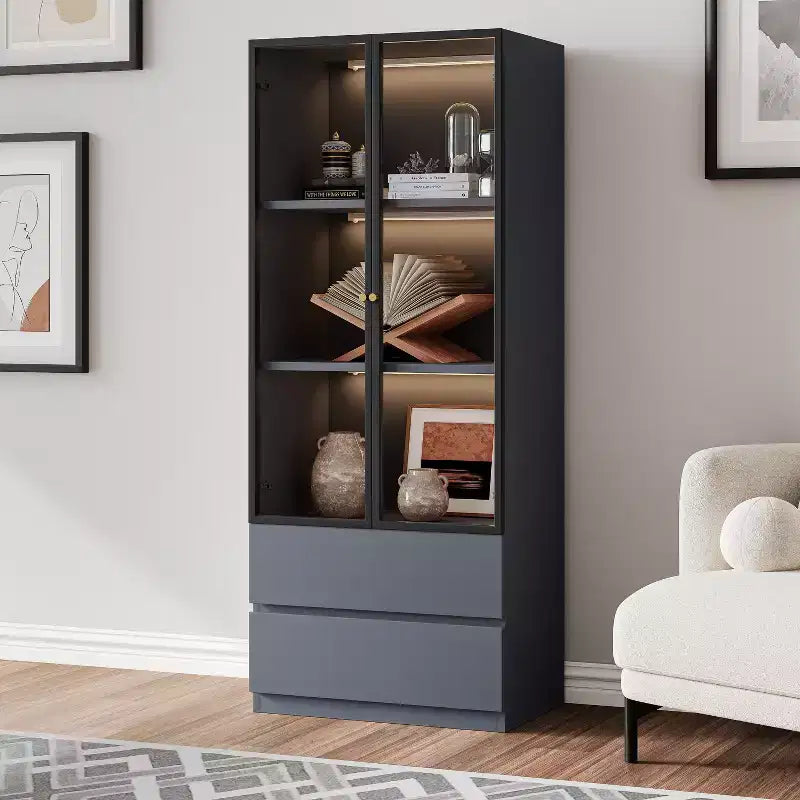 ATJafurn Modern 62.9'' Tall China Cabinet, Wooden 3-Tier Curio Display Storage Hutch With Glass Doors And Drawers For Kitchen Living Room Study