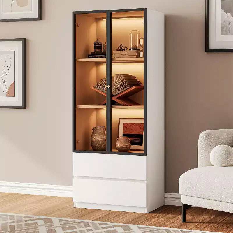 ATJafurn Modern 62.9'' Tall China Cabinet, Wooden 3-Tier Curio Display Storage Hutch With Glass Doors And Drawers For Kitchen Living Room Study