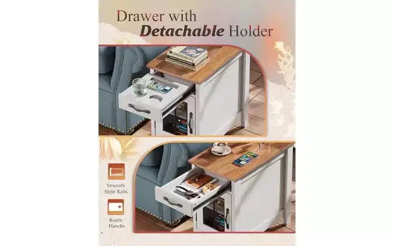 DEXYLLO End Table with Charging Station, Narrow Side Table for Living Room, Farmhouse Night Stand with Storage