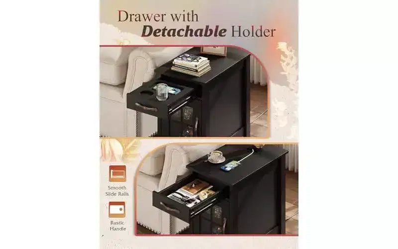DEXYLLO End Table with Charging Station, Narrow Side Table for Living Room, Farmhouse Night Stand with Storage