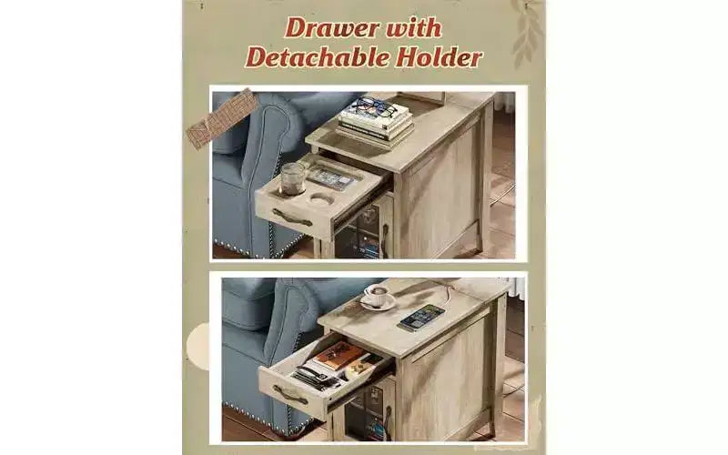 DEXYLLO End Table with Charging Station, Narrow Side Table for Living Room, Farmhouse Night Stand with Storage