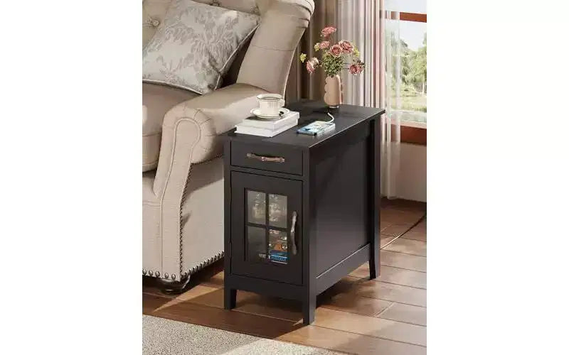 DEXYLLO End Table with Charging Station, Narrow Side Table for Living Room, Farmhouse Night Stand with Storage