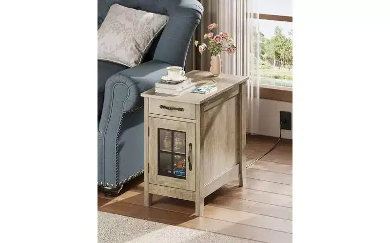 DEXYLLO End Table with Charging Station, Narrow Side Table for Living Room, Farmhouse Night Stand with Storage