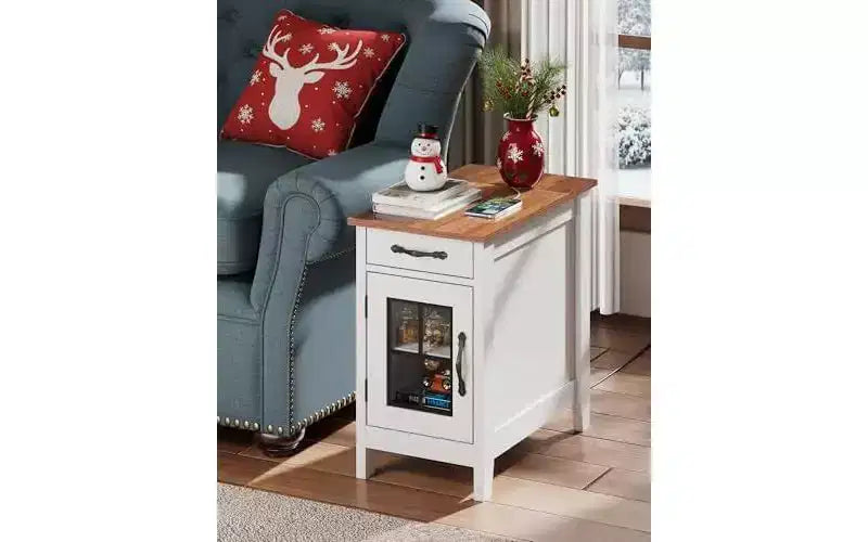 DEXYLLO End Table with Charging Station, Narrow Side Table for Living Room, Farmhouse Night Stand with Storage