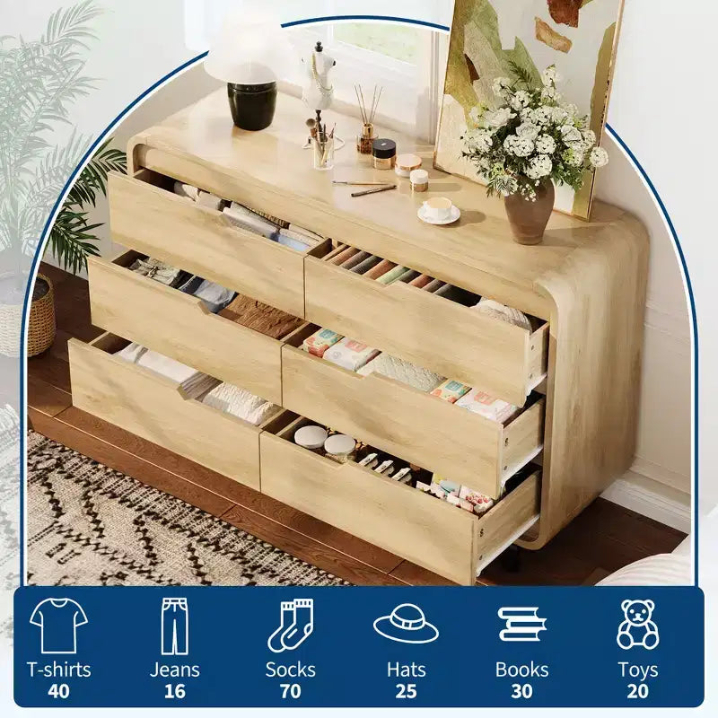 Modern 6-Drawer Wood Dresser for Bedroom & Nursery, Wide Storage Chest with Safe Rounded Corners, Hidden Handles and Anti-Tip Design for Living Room