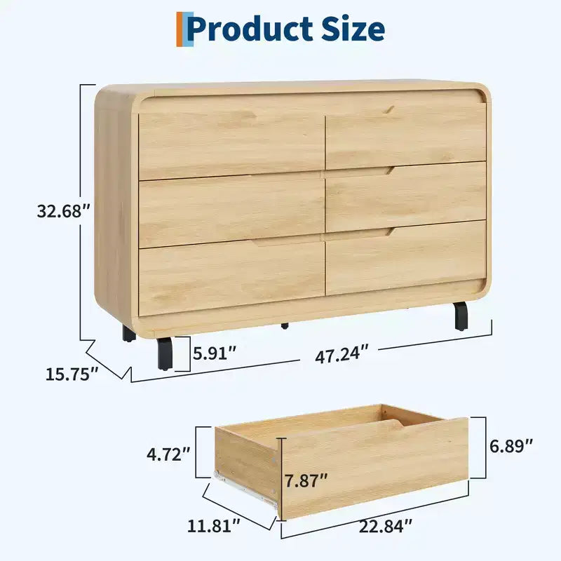 Modern 6-Drawer Wood Dresser for Bedroom & Nursery, Wide Storage Chest with Safe Rounded Corners, Hidden Handles and Anti-Tip Design for Living Room