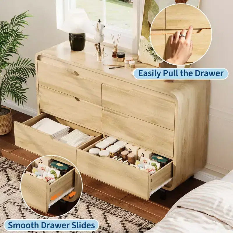 Modern 6-Drawer Wood Dresser for Bedroom & Nursery, Wide Storage Chest with Safe Rounded Corners, Hidden Handles and Anti-Tip Design for Living Room