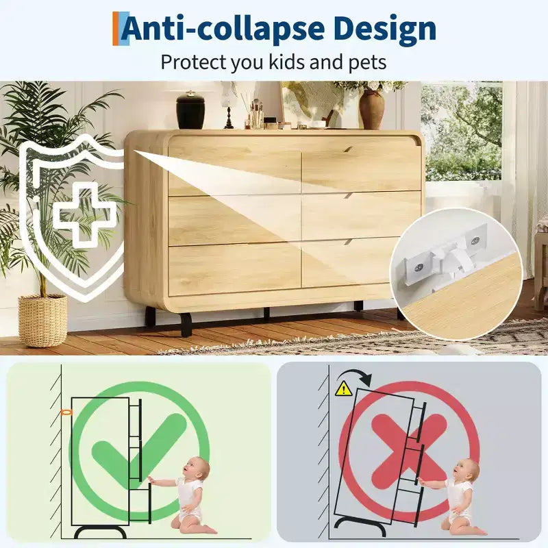 Modern 6-Drawer Wood Dresser for Bedroom & Nursery, Wide Storage Chest with Safe Rounded Corners, Hidden Handles and Anti-Tip Design for Living Room