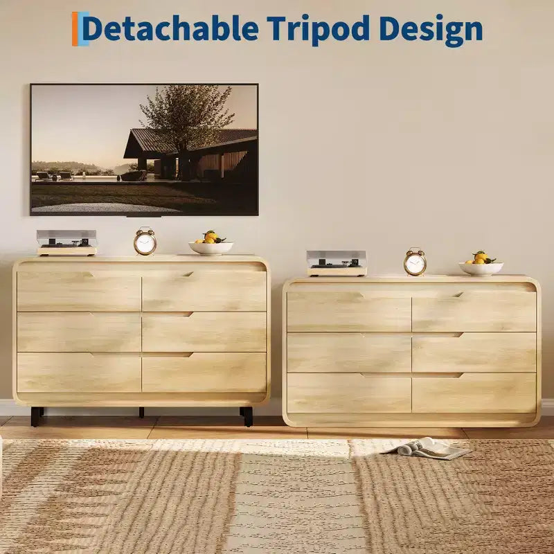 Modern 6-Drawer Wood Dresser for Bedroom & Nursery, Wide Storage Chest with Safe Rounded Corners, Hidden Handles and Anti-Tip Design for Living Room