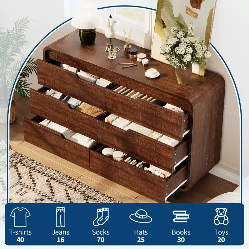 Modern 6-Drawer Wood Dresser for Bedroom & Nursery, Wide Storage Chest with Safe Rounded Corners, Hidden Handles and Anti-Tip Design for Living Room
