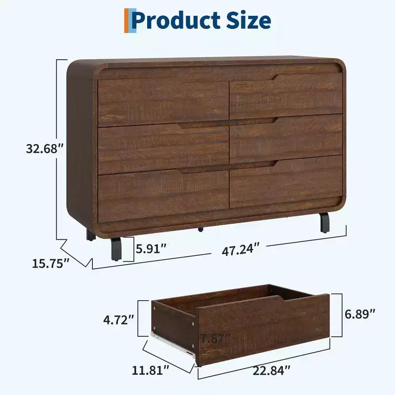 Modern 6-Drawer Wood Dresser for Bedroom & Nursery, Wide Storage Chest with Safe Rounded Corners, Hidden Handles and Anti-Tip Design for Living Room