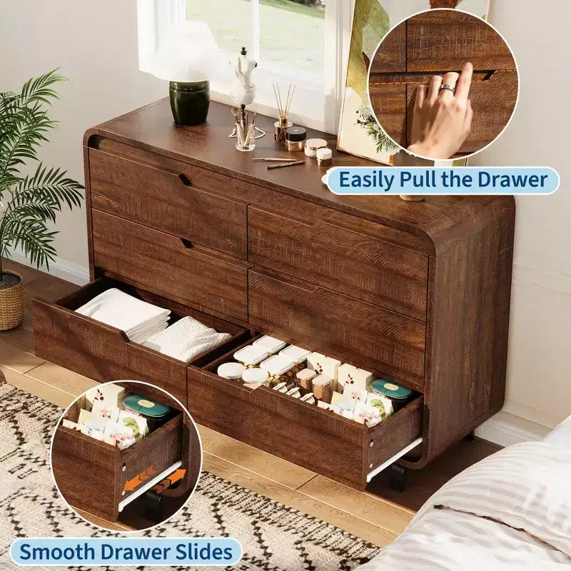 Modern 6-Drawer Wood Dresser for Bedroom & Nursery, Wide Storage Chest with Safe Rounded Corners, Hidden Handles and Anti-Tip Design for Living Room