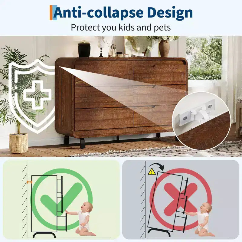 Modern 6-Drawer Wood Dresser for Bedroom & Nursery, Wide Storage Chest with Safe Rounded Corners, Hidden Handles and Anti-Tip Design for Living Room